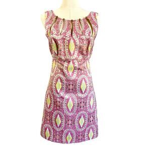 Milly of New York Pink Green Gold Brocade Lurex Sparkle Sheath Midi Dress  Sz 4
